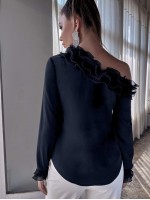 Asymmetric Neck Ruffle Trim Blouse