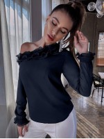 Asymmetric Neck Ruffle Trim Blouse