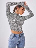 Mock Neck Leopard Crop Tee