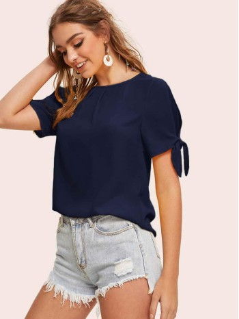 Solid Self-Tie Split Sleeve Top