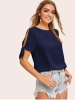 Solid Self-Tie Split Sleeve Top