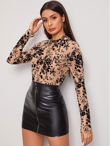 Floral Flocked Velvet Mesh Top