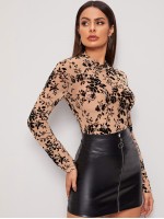 Floral Flocked Velvet Mesh Top