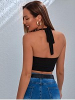 Ribbed Self-Tie Cropped Halter Top