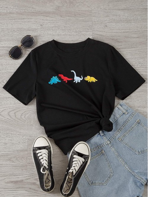 Cartoon Dinosaur Print Short Sleeve Tee