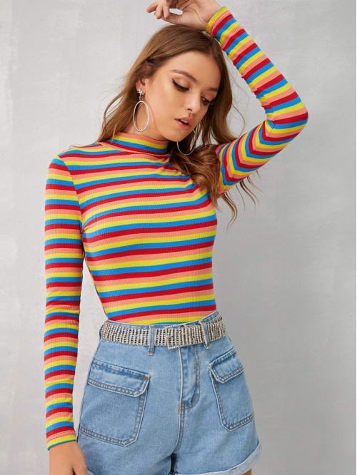 Mock-neck Rib-knit Striped Tee