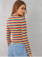 Mock-neck Rib-knit Striped Tee