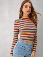 Mock-neck Rib-knit Striped Tee