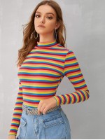 Mock-neck Rib-knit Striped Tee