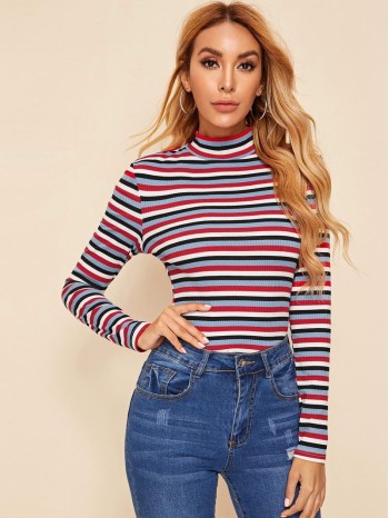 Mock-Neck Colorful Striped Top