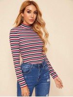 Mock-Neck Colorful Striped Top