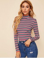 Mock-Neck Colorful Striped Top