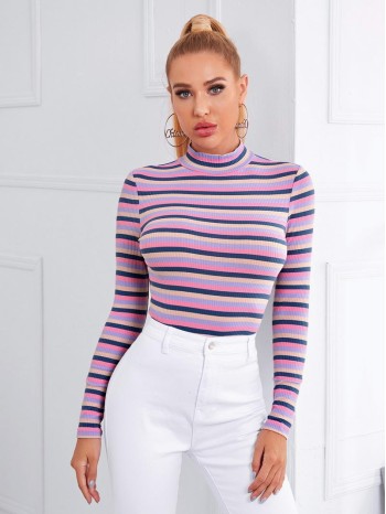 Mock Neck Rib-knit Striped Tee