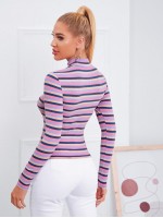 Mock Neck Rib-knit Striped Tee