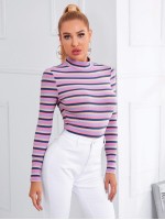 Mock Neck Rib-knit Striped Tee