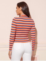 Mock-neck Rib-knit Striped Tee