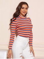 Mock-neck Rib-knit Striped Tee