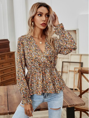 Ditsy Floral Surplice Front Babydoll Blouse