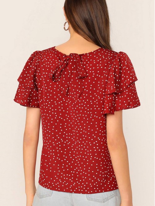 Tie Neck Layered Sleeve Dot Print Top