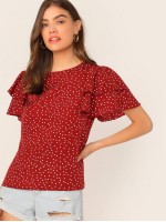 Tie Neck Layered Sleeve Dot Print Top