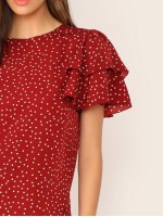 Tie Neck Layered Sleeve Dot Print Top