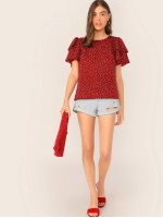 Tie Neck Layered Sleeve Dot Print Top