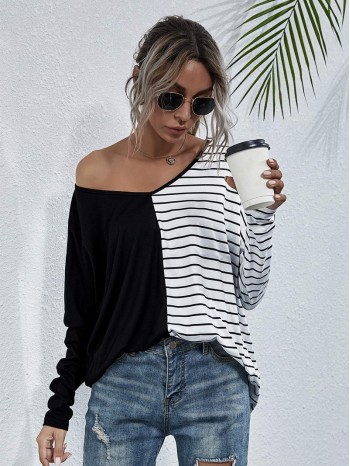 Stripe Spliced Batwing Sleeve Tee