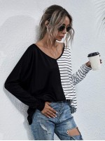 Stripe Spliced Batwing Sleeve Tee