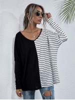 Stripe Spliced Batwing Sleeve Tee