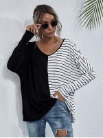 Stripe Spliced Batwing Sleeve Tee