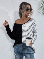 Stripe Spliced Batwing Sleeve Tee