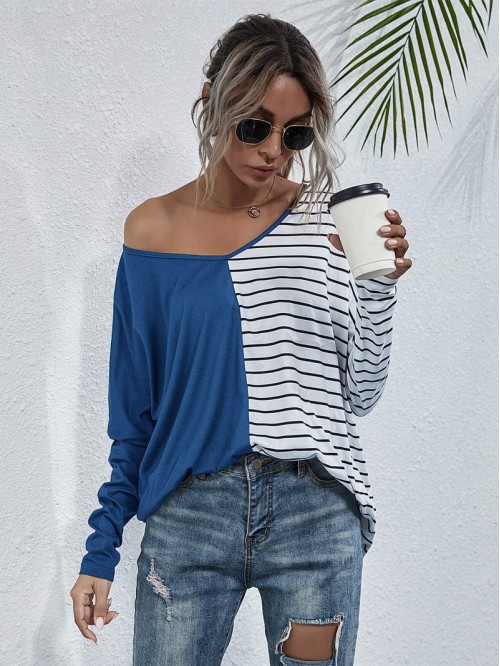 Stripe Spliced Batwing Sleeve Tee