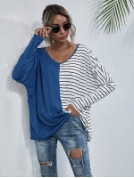 Stripe Spliced Batwing Sleeve Tee