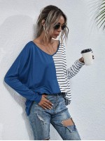 Stripe Spliced Batwing Sleeve Tee