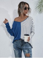 Stripe Spliced Batwing Sleeve Tee