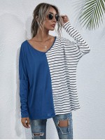 Stripe Spliced Batwing Sleeve Tee