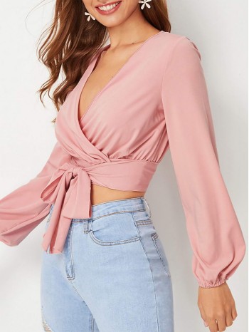 Surplice Self-Tie Cropped Wrap Top