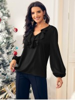 Ruffle Trim Bishop Sleeve Satin Blouse