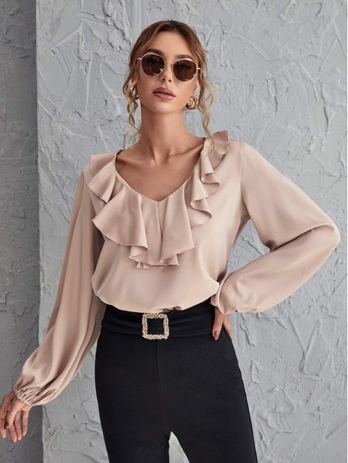 Ruffle Trim Bishop Sleeve Satin Blouse