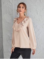 Ruffle Trim Bishop Sleeve Satin Blouse