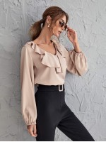 Ruffle Trim Bishop Sleeve Satin Blouse