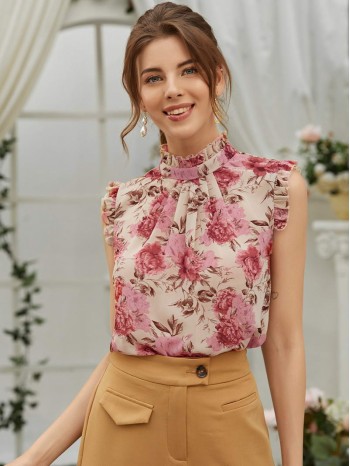 Floral Print Keyhole Back Sleeveless Blouse