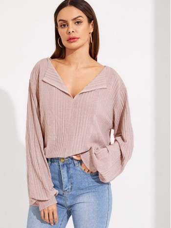 Solid Drop Shoulder Rib-knit Top