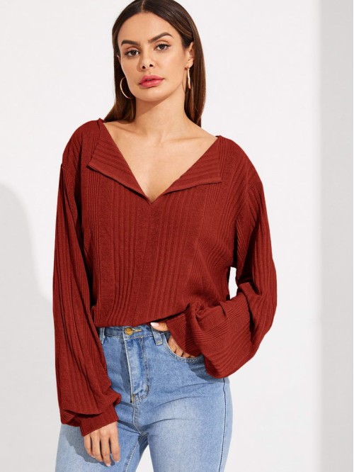 Solid Drop Shoulder Rib-knit Top