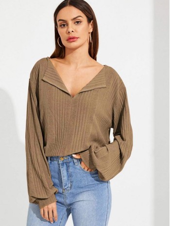 Ribbed Lapel Long Sleeve Top