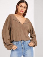 Ribbed Lapel Long Sleeve Top