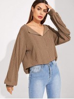 Ribbed Lapel Long Sleeve Top