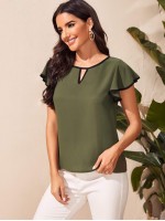 Contrast Binding Keyhole Flutter Sleeve Top