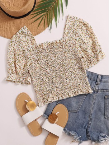 Ditsy Floral Frill Shirred Blouse