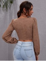 Lantern Sleeve Drawstring Knot Front Crop Top